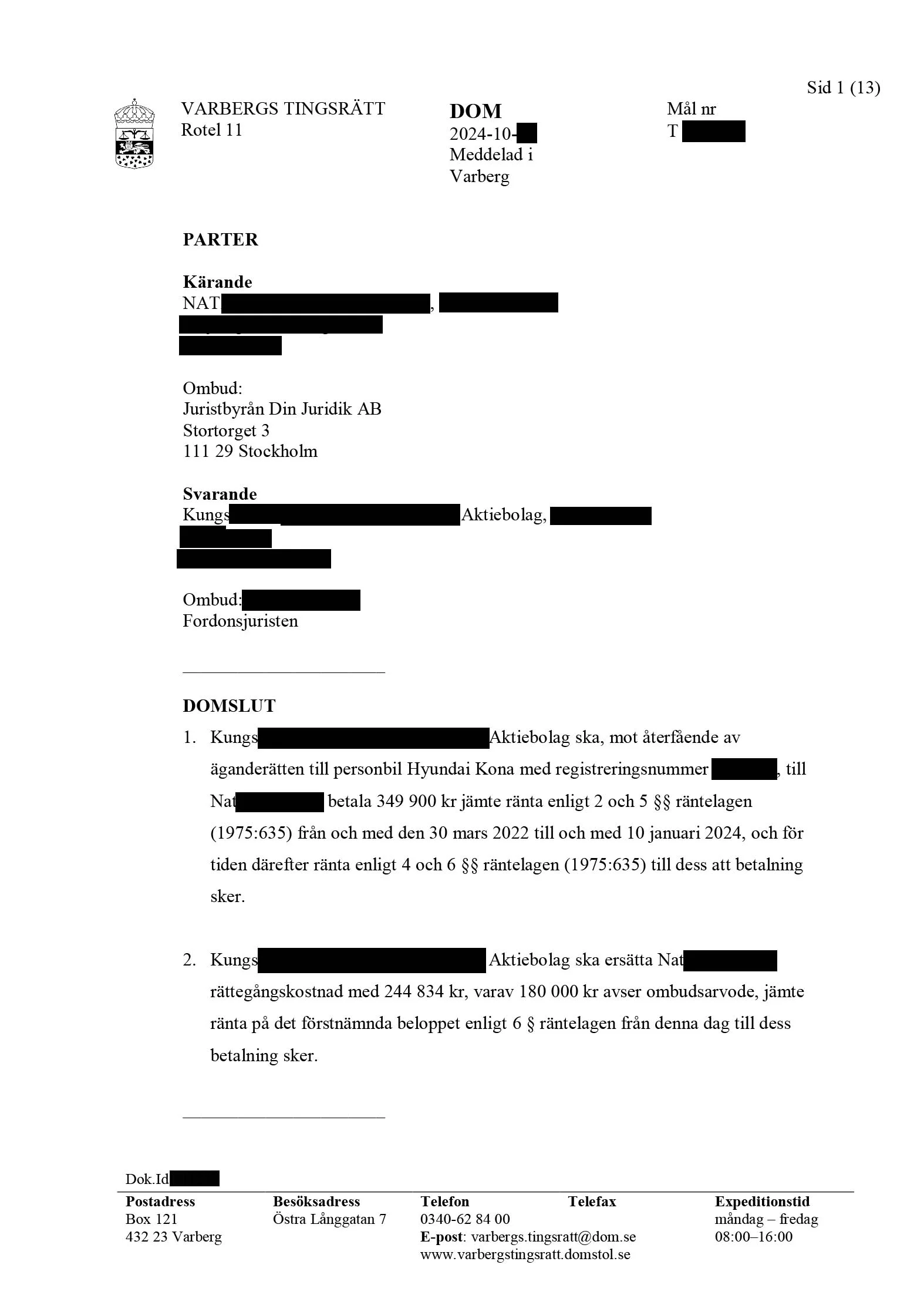 Dom - h&auml;vning Hyundai Kona Electric, Varbergs tingsr&auml;tt