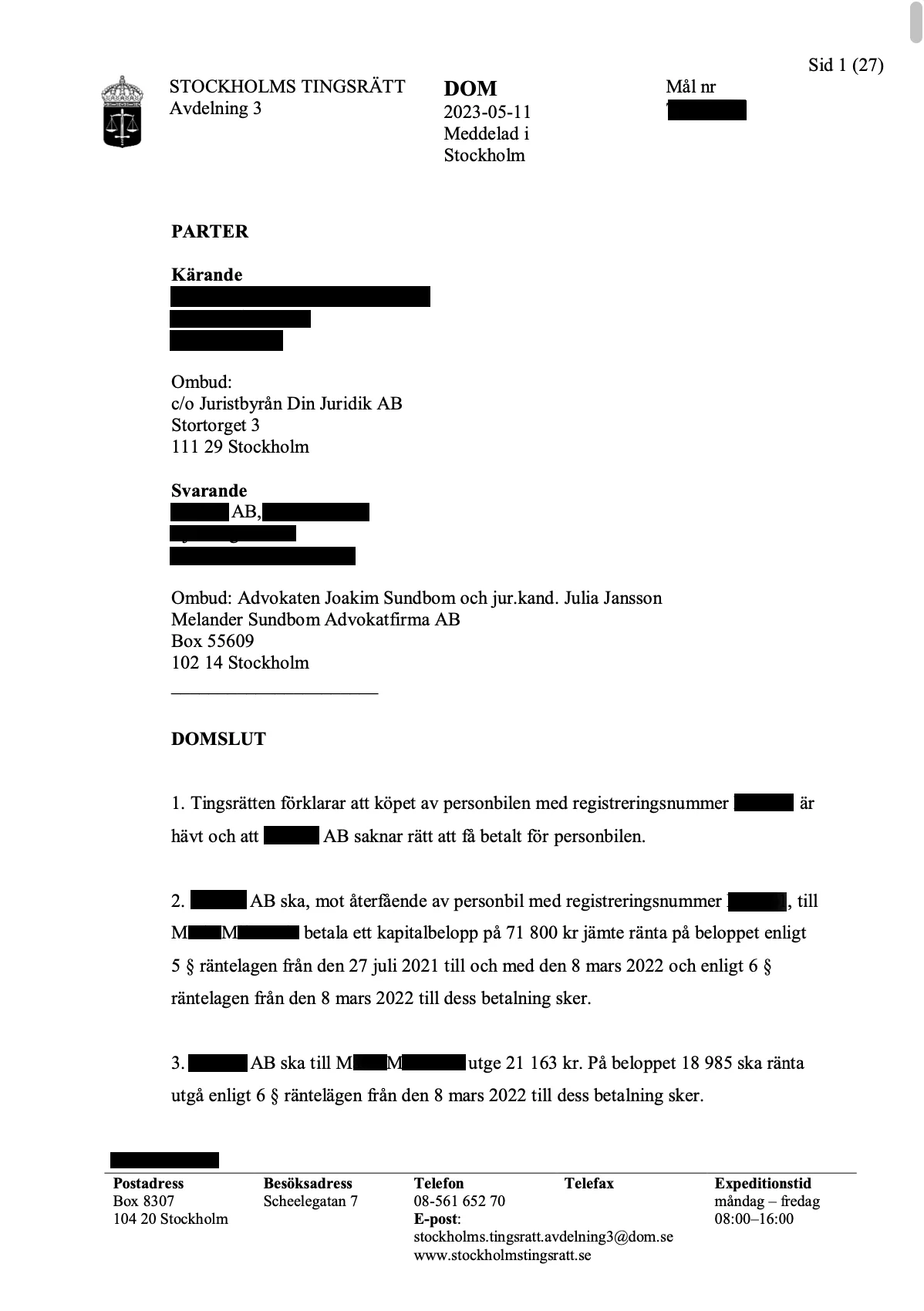 Dom - h&auml;vning Volvo XC90, Stockholms tingsr&auml;tt