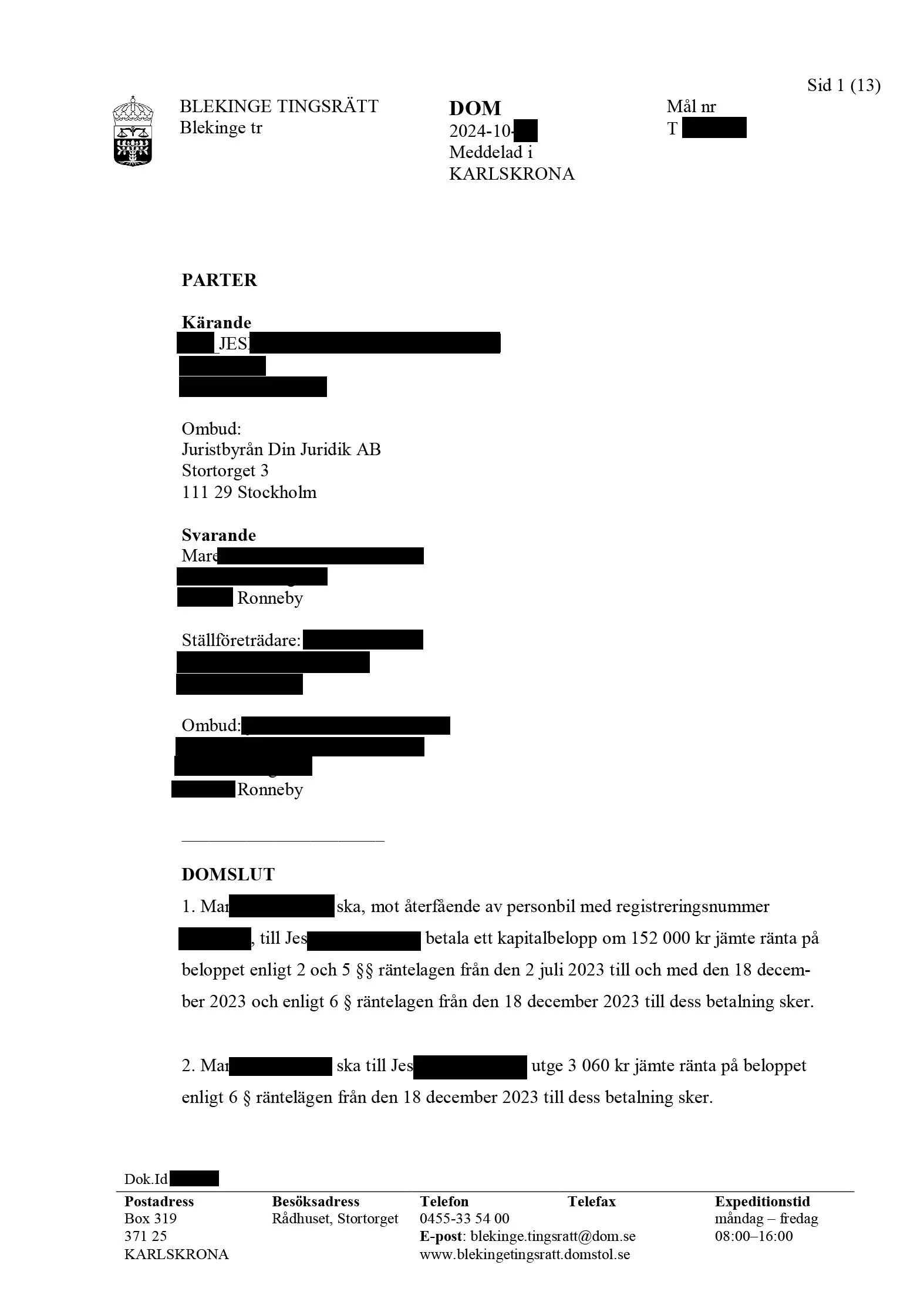 Dom - h&auml;vning av bil med trasig motor