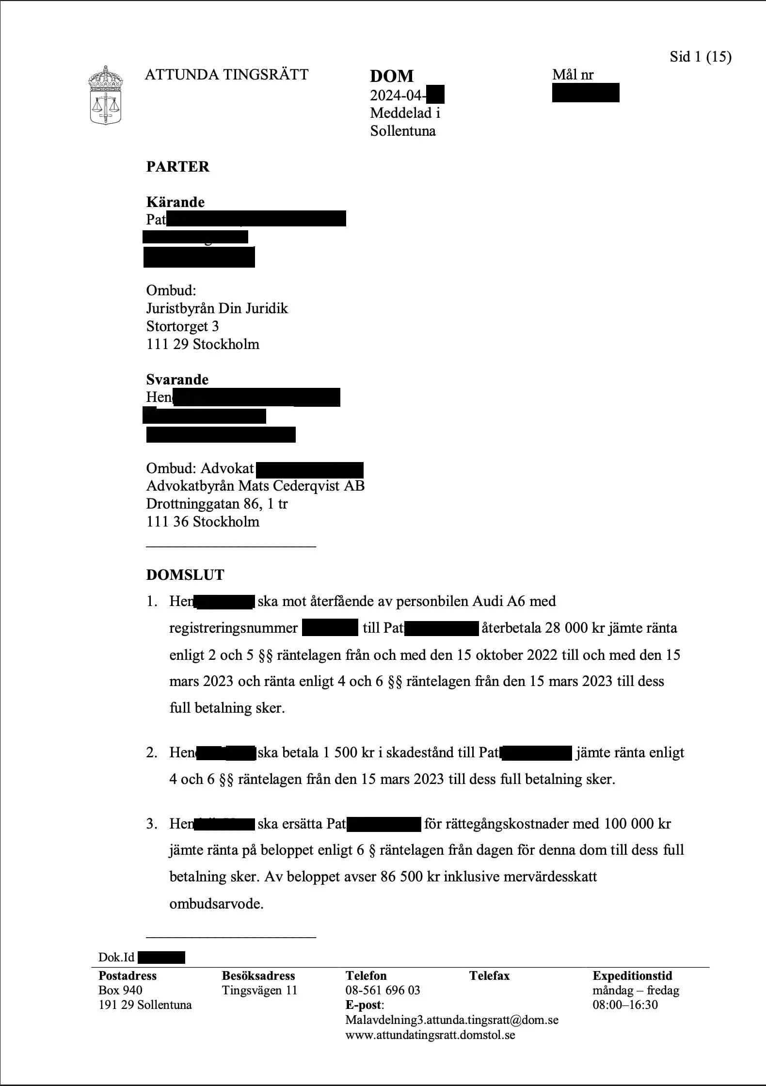 Dom - h&auml;vning av privatk&ouml;pt bil