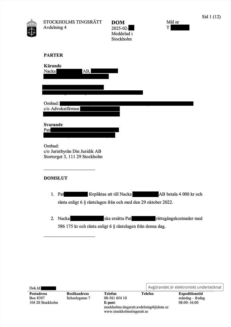 Dom - f&ouml;retag f&ouml;rlorade st&auml;mning mot privatperson