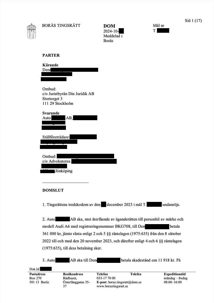 Dom - h&auml;vning Audi A6, Bor&aring;s tingsr&auml;tt