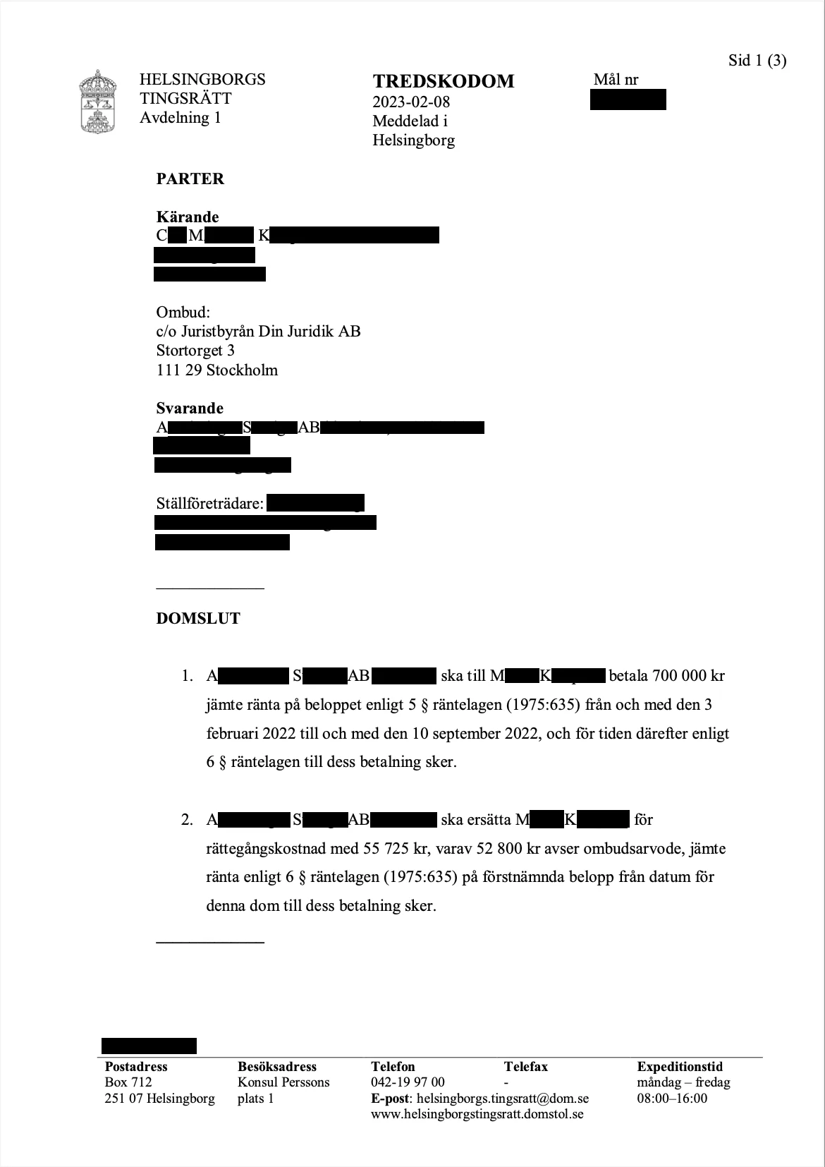 Dom - &aring;terbetalning, Helsingborgs tingsr&auml;tt