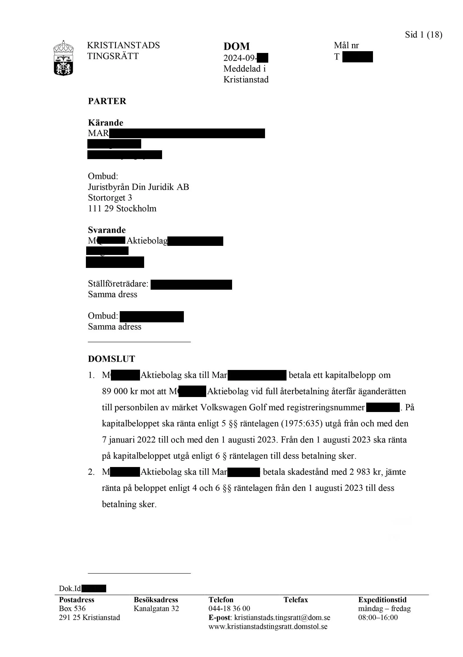 Dom - h&auml;vning av krockskadad bil