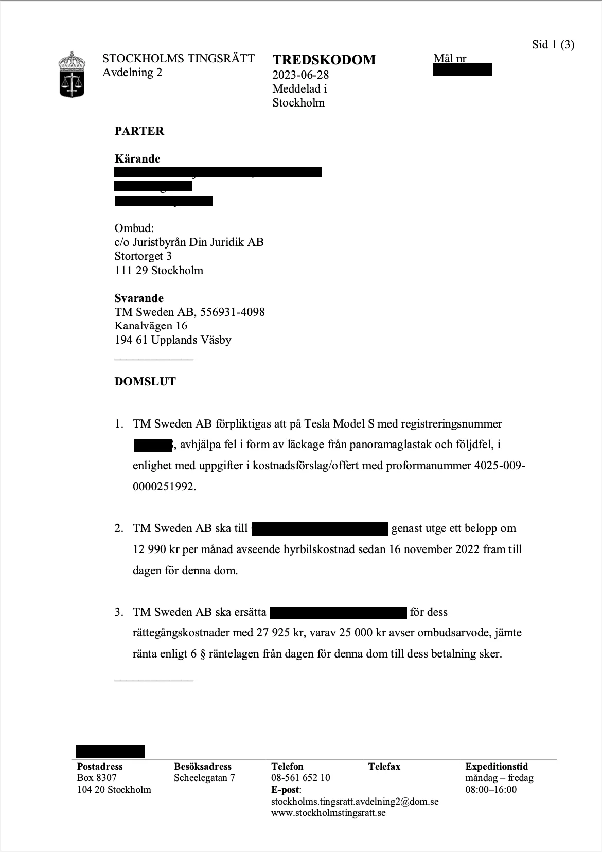 Dom mot Tesla, Stockholms tingsr&auml;tt
